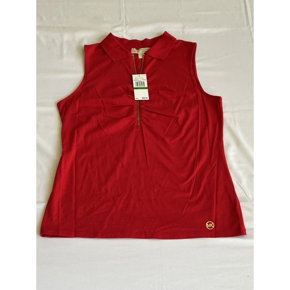 Michael Kors Womens True Red Ruched Quarter Zip Sleeveless Polo Top Large MK